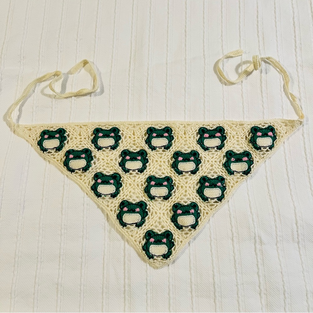 Cream and Green Crochet Hair Scarf - Picture 2 of 6
